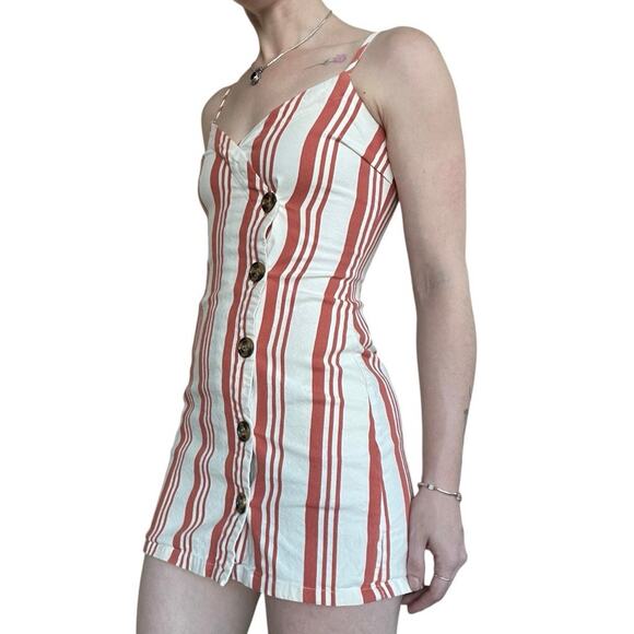 Sky and Sparrow Orange & White Striped Button Down V-Neck Mini Dress - Picture 2 of 8